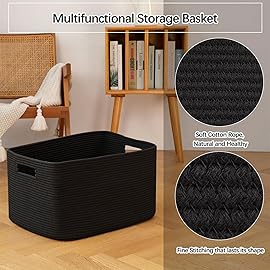 OIAHOMY XXLarge Rectangle Blanket Basket-96L, Cotton Woven Basket for Storage, Dirty Clothes Baskets for Living Room, Nursery, Bedroom, Toy Organizing with Handle, 24 x 16 x 15, Charcoal Black