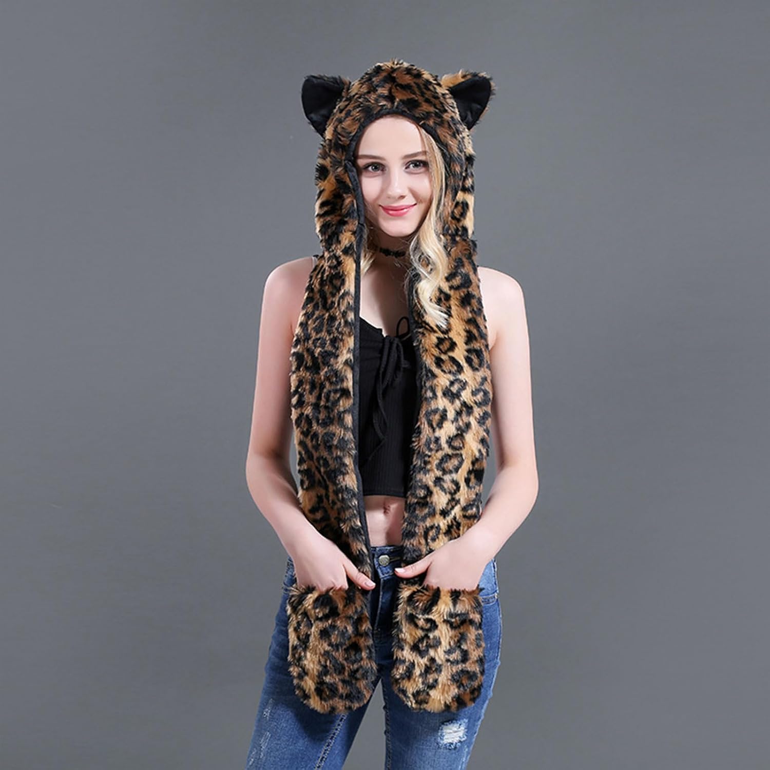 3in1 Plush Hat for Winter Warm Pullover Scarf Gloves Hat Roleplay Costume Unisex Trapper for Cold Weather Plush Scarf