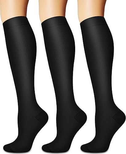Calcetines de compresión y circulación para mujer y hombre (3 pares), para enfermería, correr, viajar, calcetines hasta la rodilla
