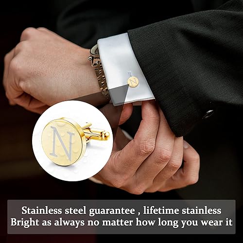 Miniatura 5 de LOYALLOOK 4Pcs Stainless Steel Engraved Initial Cufflinks and Tie Bar Money Clip Set Personalized Button Shirt Initials Tie Clip Alphabet Letter A-Z