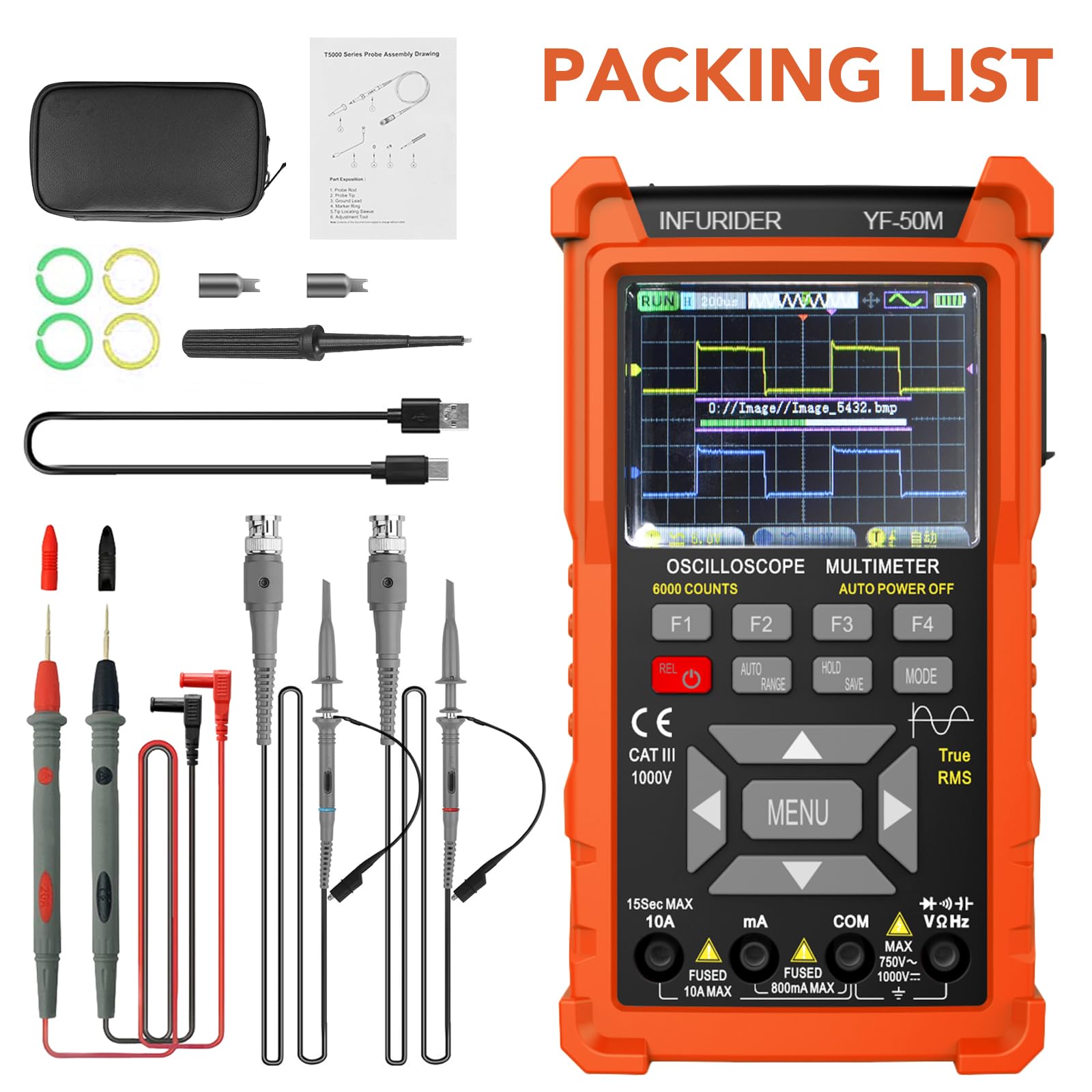 Osciloscopio digital 3 en 1 multímetro, generador de señal profesional, osciloscopios de laboratorio de 50 MHz con 2 canales, 200 m/280 msa/s, comprobador de continuidad con 6000 cuentas