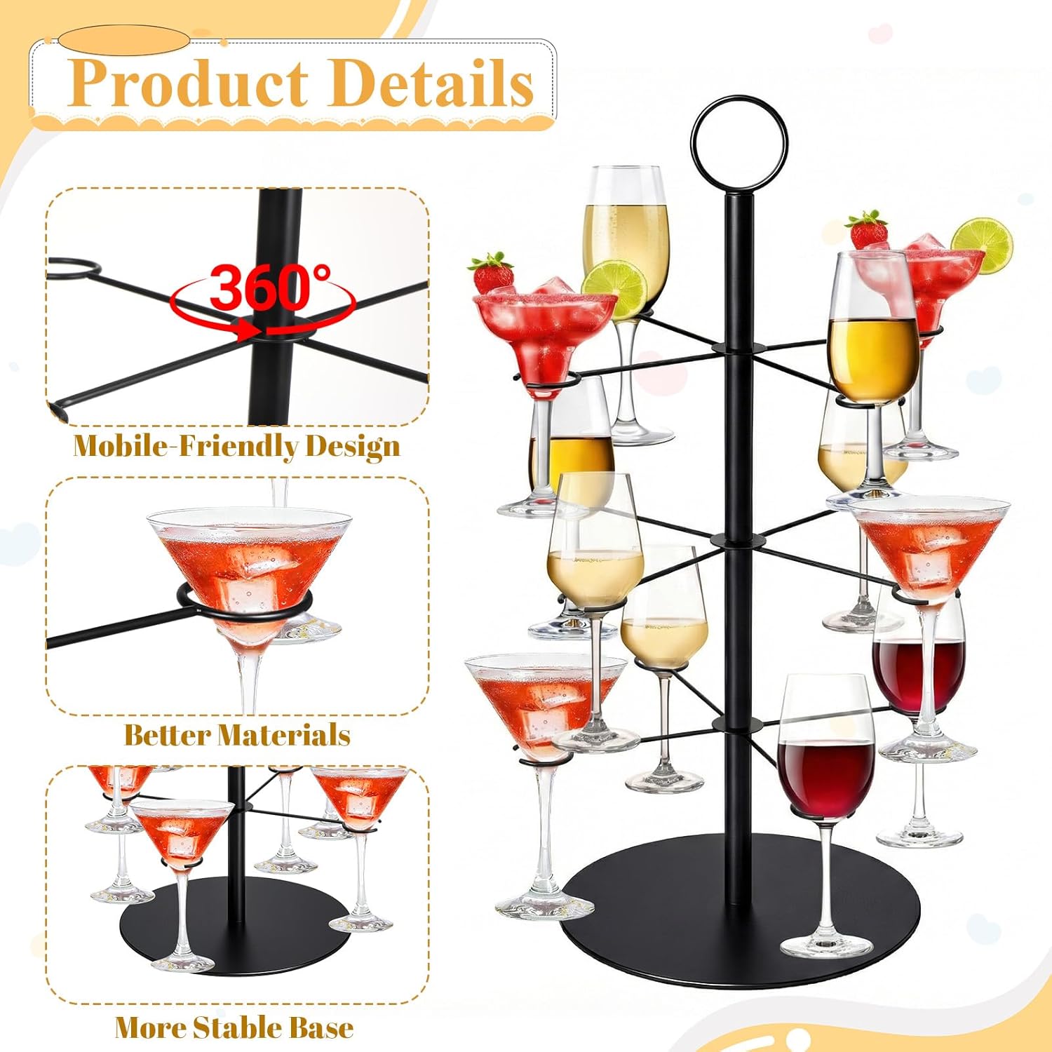 3 Tier 12 Holders Metal Drink Tower, Cocktail Tree Stand for Parties, Wine Glass Holder Stand for Bar Champagne Tower Martinis Stands Mimosa Towers