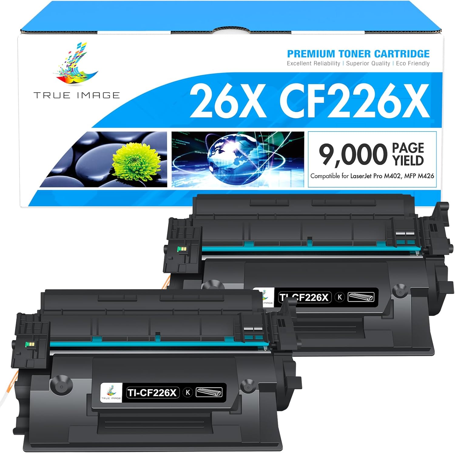 TRUE IMAGE CF226X 26X Toner Cartridge for HP Printer Replacement for HP 26X CF226X 26A CF226A Laserjet Pro M402n M402dn MFP M426fdw M426fdn M426dw M402dne M402 Printer Ink High Yield (Black, 2 Pack)