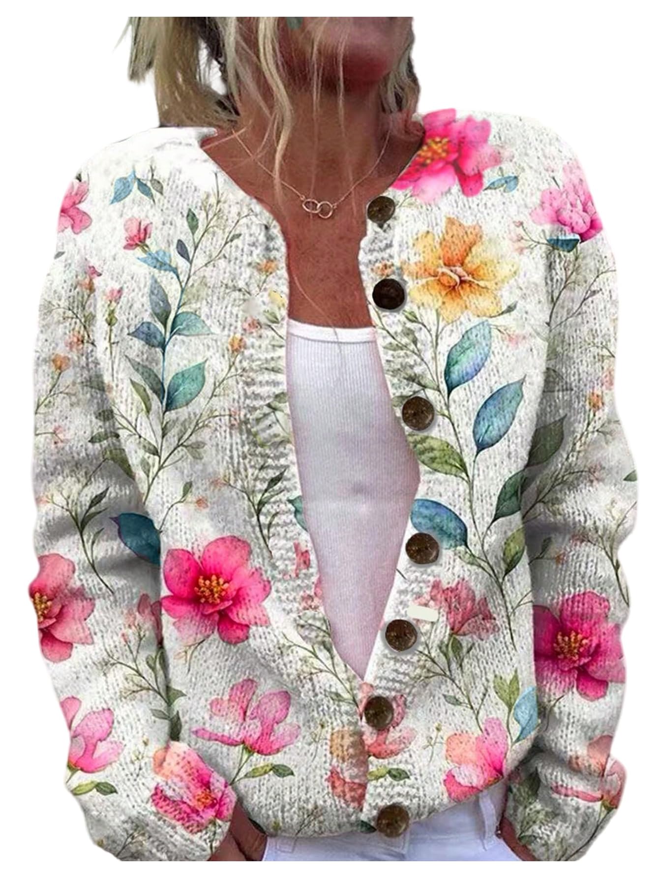GORGLITTER Womens Flower Cardigan Sweaters Fashion Trendy Floral Print Button Up Long Sleeve Vintage Boho Cardigan