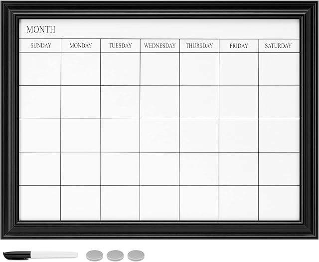 Navaris Framed Calendar Whiteboard for Wall - 45 x 60 cm Magnetic Dry Wipe Monthly Planner - White Board with Frame - Includes Magnets and Marker Pen