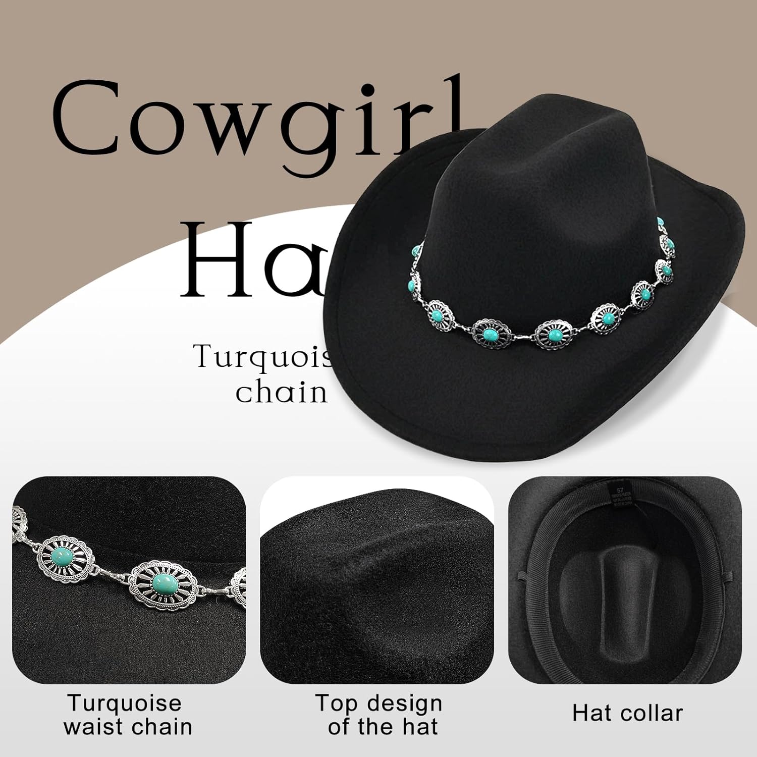 Western Cowboy Hat for Women Men Classic Felt Cowgirl Hat with Turquoise Silver Chain Band Wide Brim, Fits Most Adult Sizes - Image 3