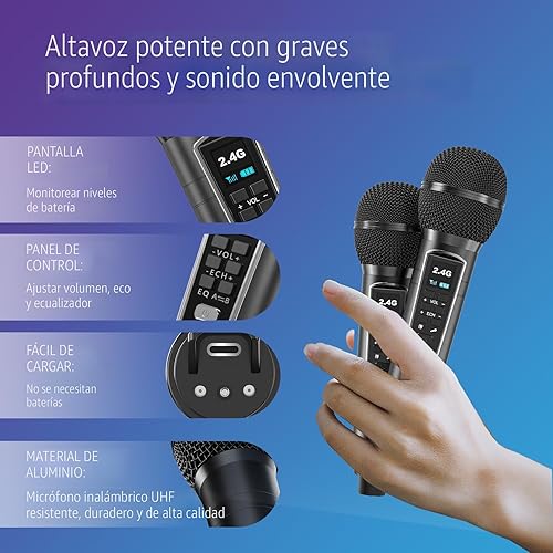 Miniatura 4 de Máquina de karaoke para adultos y niños con 2 micrófonos inalámbricos UHF, altavoz Bluetooth portátil sistema de altavoces PA con luces LED de
