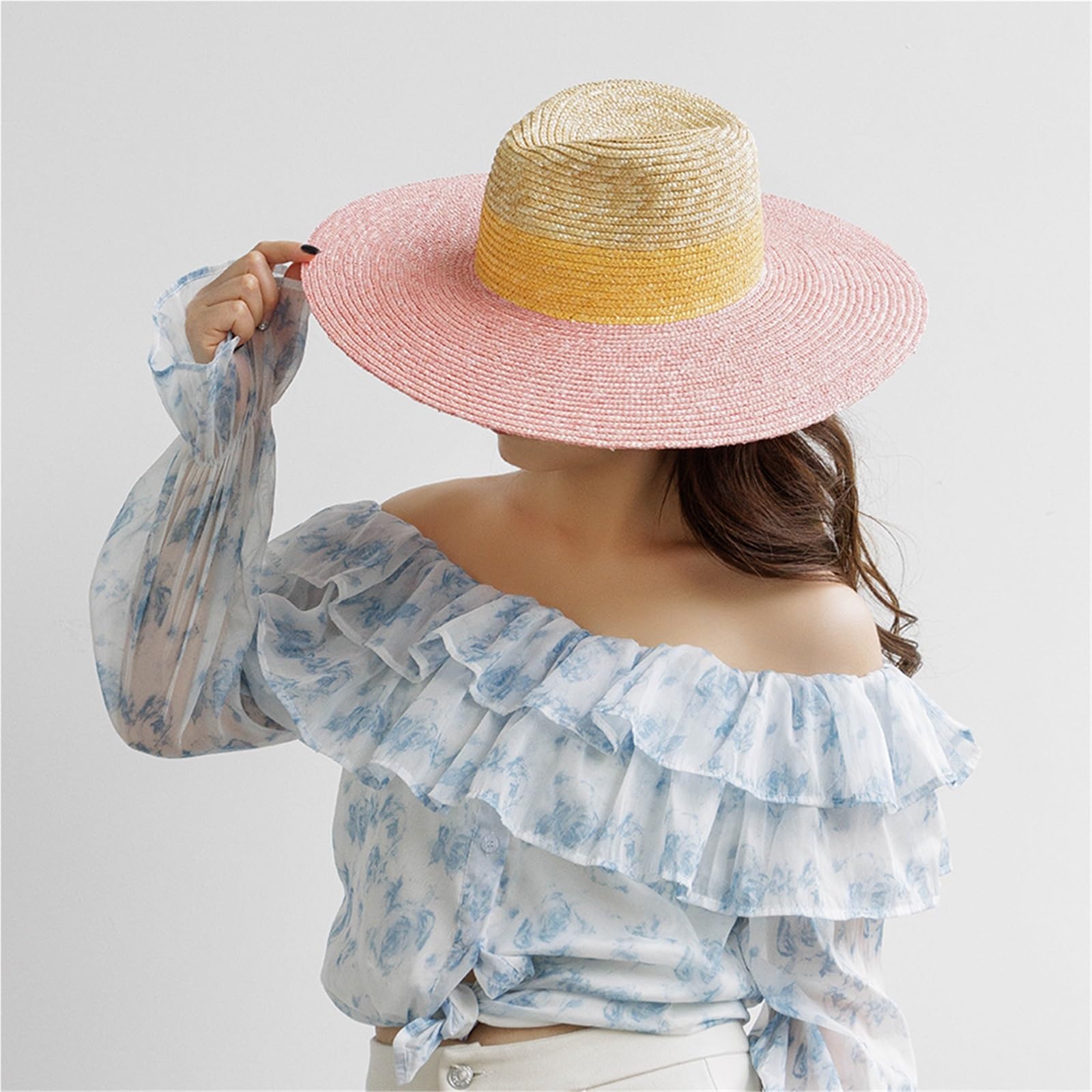 Cappello Fedora estivo da donna in paglia con tesa rosa a blocchi di colore, cappello da sole a tesa larga per protezione UV all'aperto, stile casual