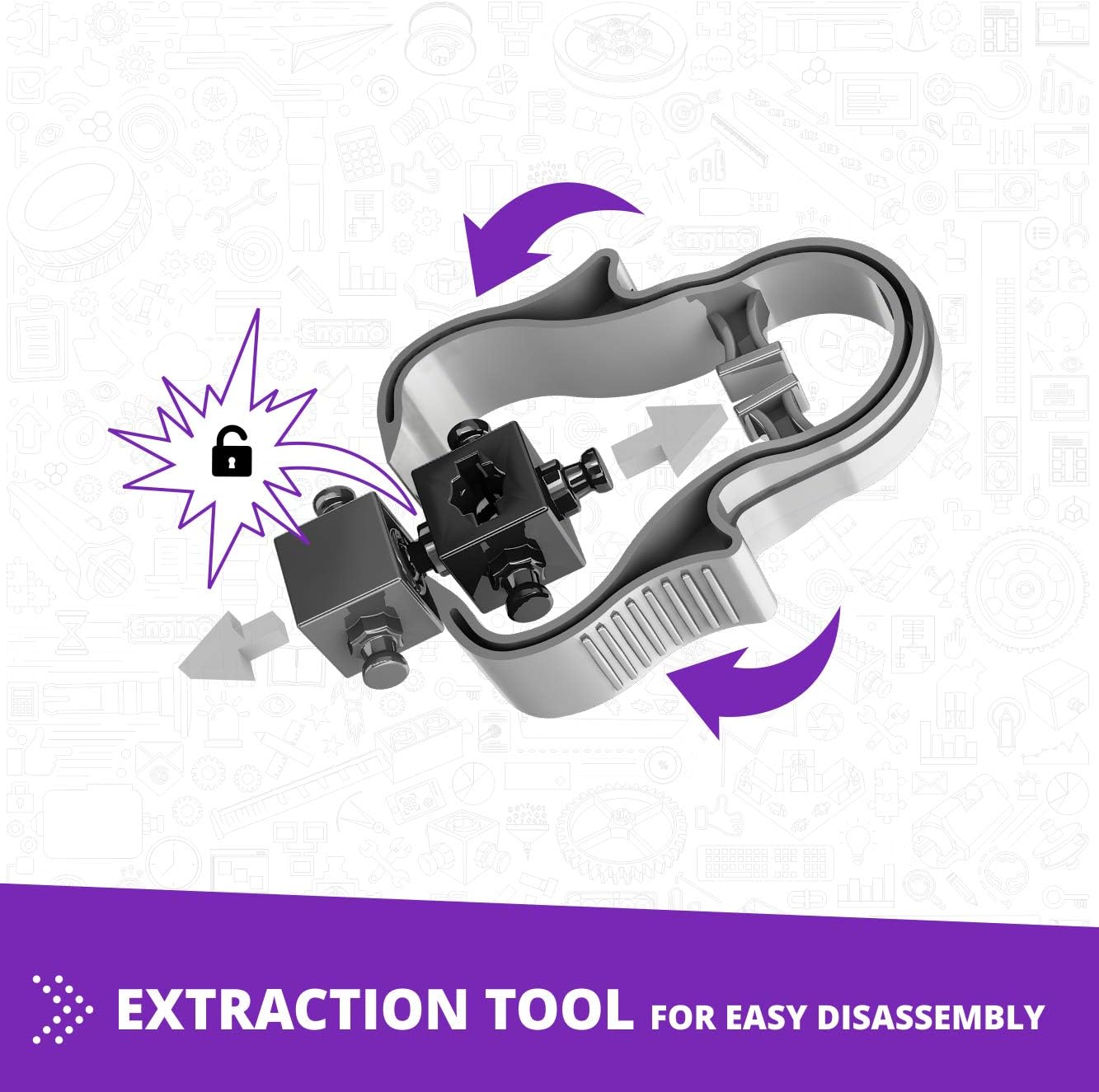 Image showing the Engino extraction tool being used to separate two connected building blocks, highlighting its function for easy disassembly.