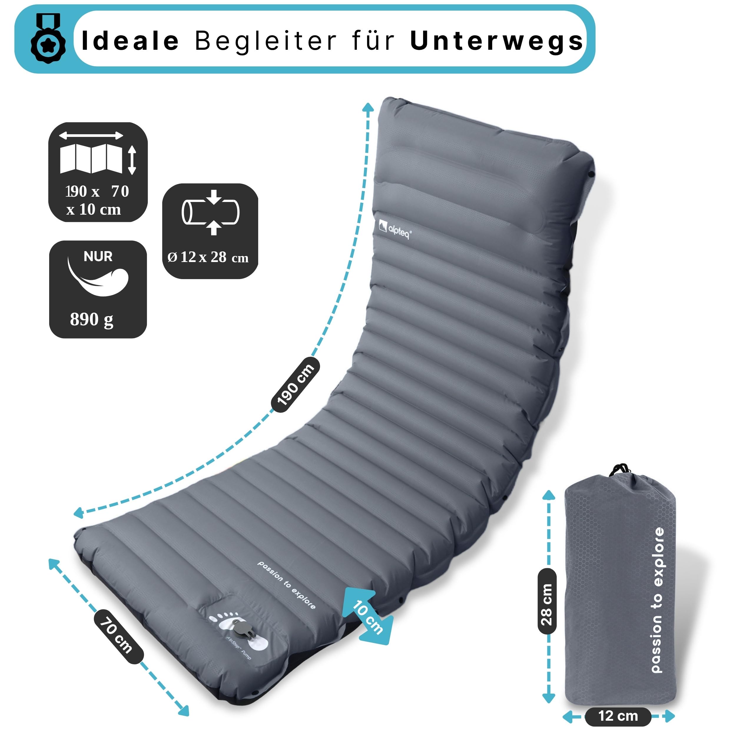 SchlafPlatz-Air - Materassino gonfiabile con pompa a pedale integrata, ultraleggero da campeggio e materassino isolante, impermeabile, confortevole per attività all'aperto e trekking