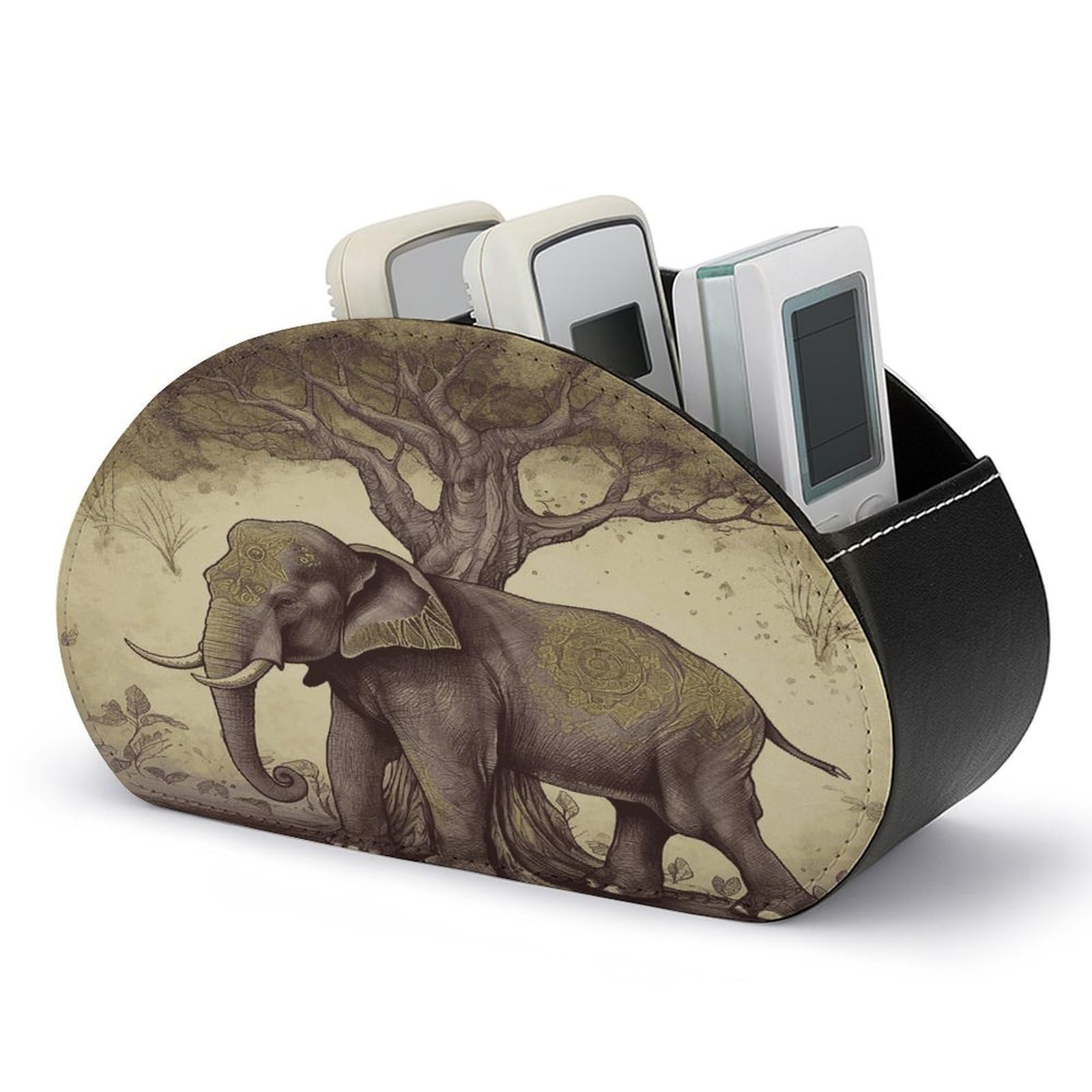 FekiLoot Asian Elephant with Tree Remote Control Holder with 5 Compartments Multi-functional TV Remote Caddy Organizer Leather TV Remote Holder Desktop Organizer Store for Bedside Table Office Desk