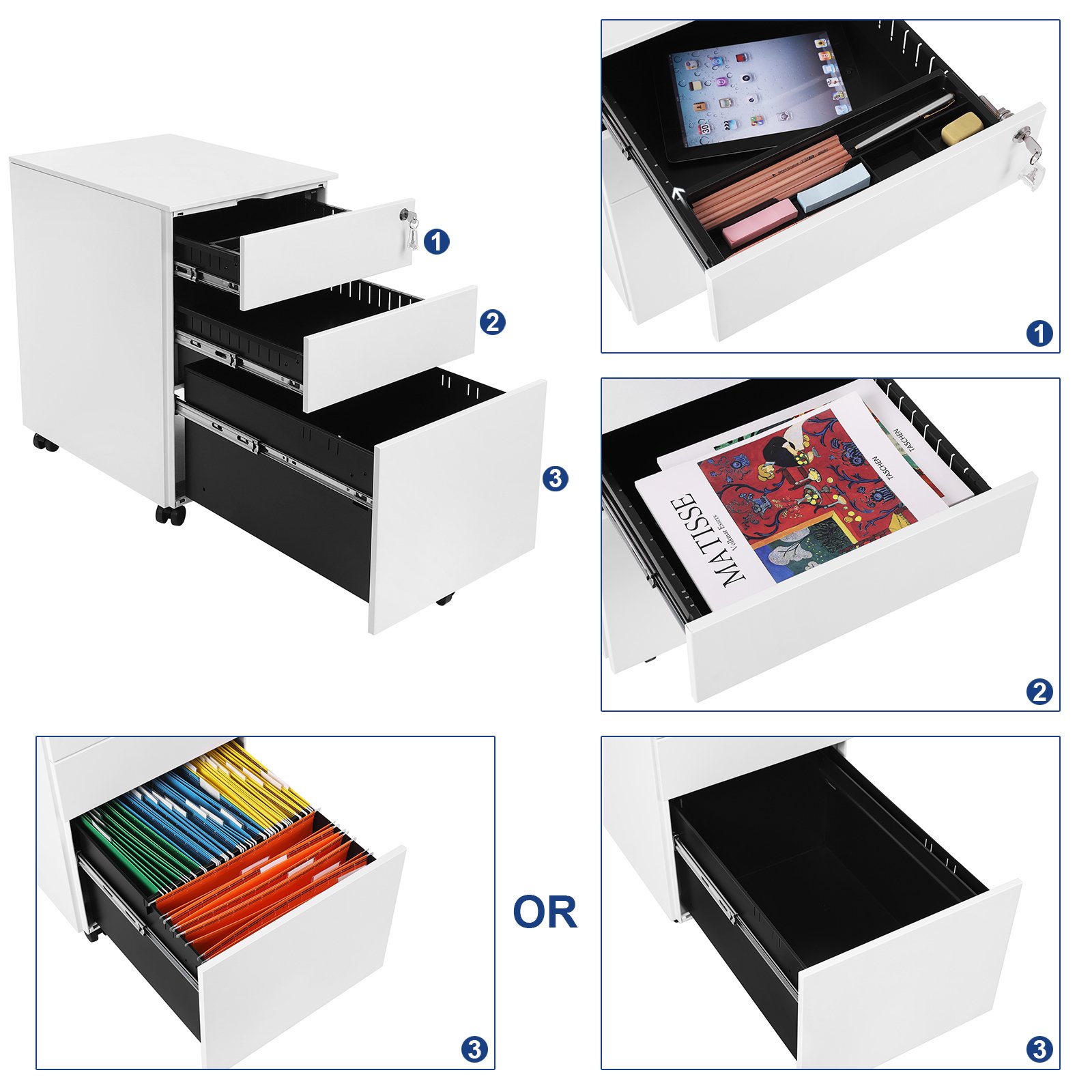 SONGMICS Caisson de Bureau Metal, Caisson de Rangement Mobile, avec roulettes et Serrure, pour Documents et Dossier Suspendu, avec 3 tiroirs, 39 x 52 x 60 cm Blanc OFC60WT