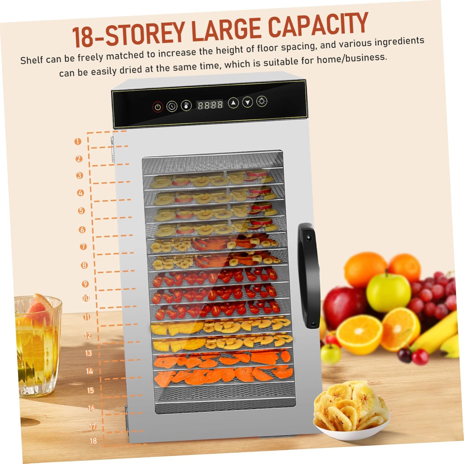 Large Food Dehydrator Machine Stainless Steel Trays Electric Multifunctional Food Air Dryer for Meat Jerky Fruit Dog Treats Temperature Control with US Plug Space-saving Design