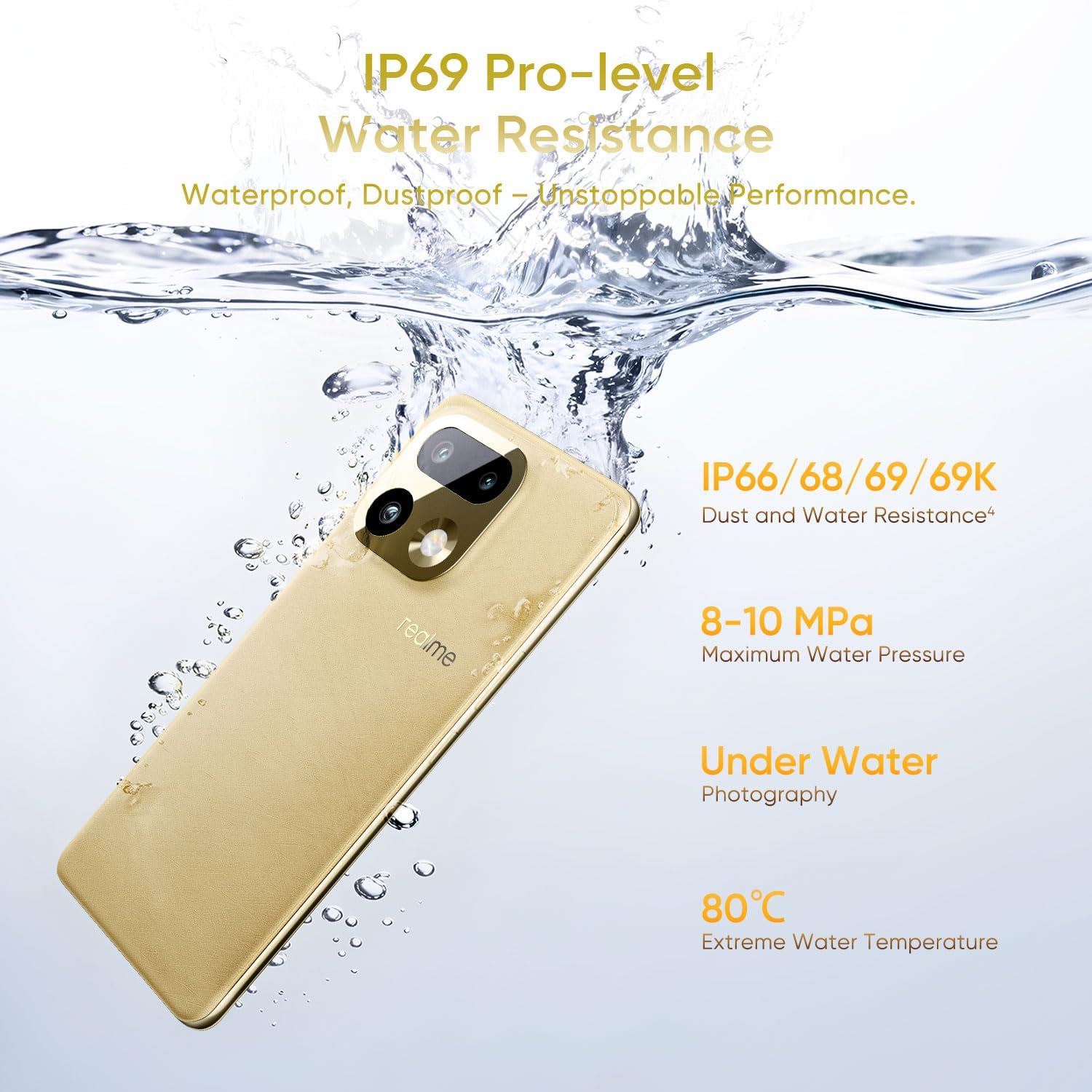 realme 16 Pro+ 5G submerged in water demonstrating IP69 water resistance
