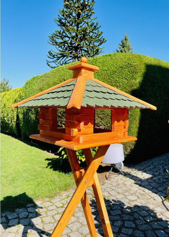 Comedero rectangular para pájaros, tamaño XL, comedero de madera, color marrón/rojo