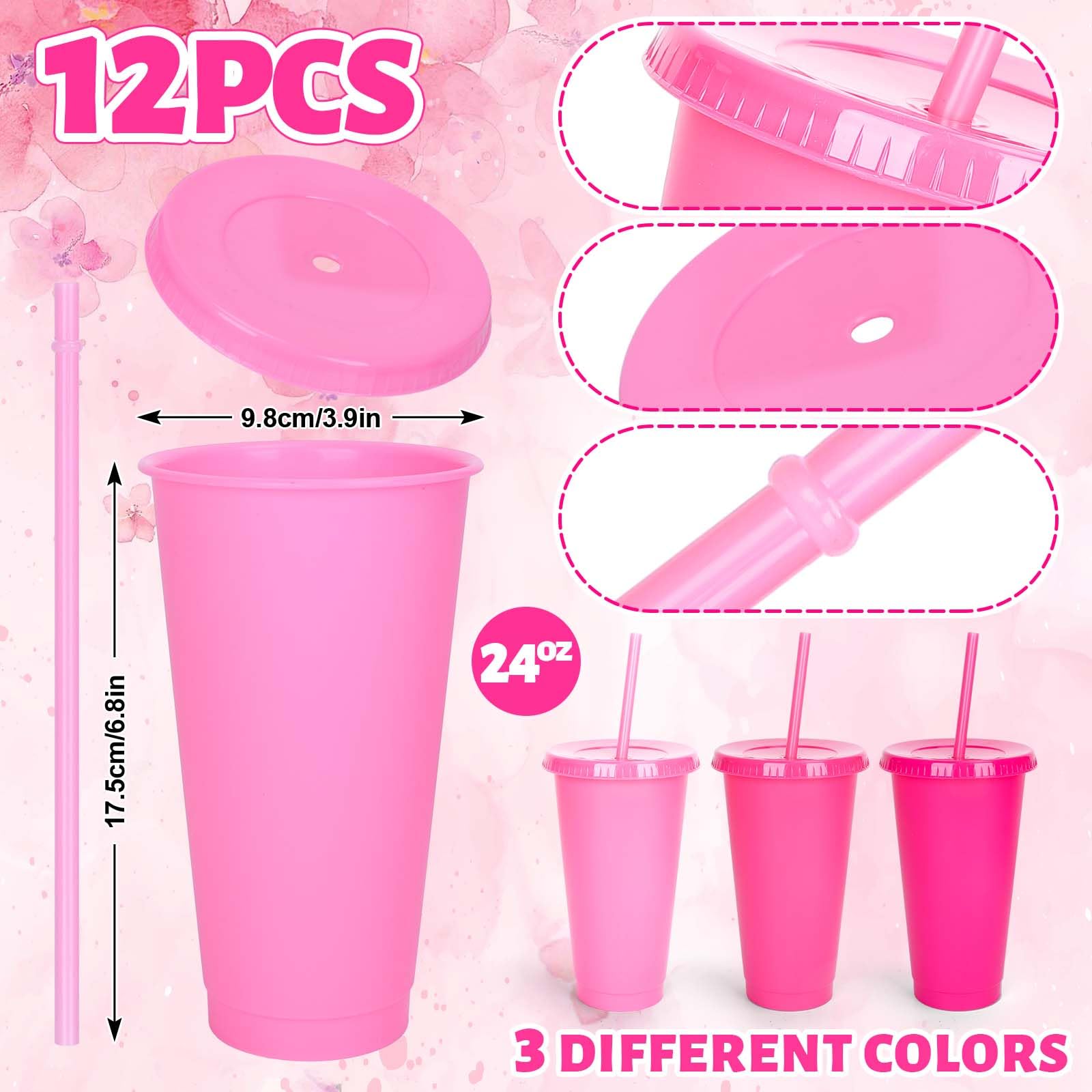 Whaline Lot de 12 gobelets en plastique réutilisables avec couvercles plats – Pailles – Gobelets de voyage réutilisables pour café glacé, boissons – 3 couleurs – Décoration de fête, boissons –