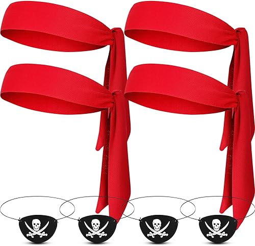 cssopenss 8 accesorios de pirata, accesorios de disfraz de pirata para niños, 4 piezas de bandana de pirata roja, corbatas deportivas para la