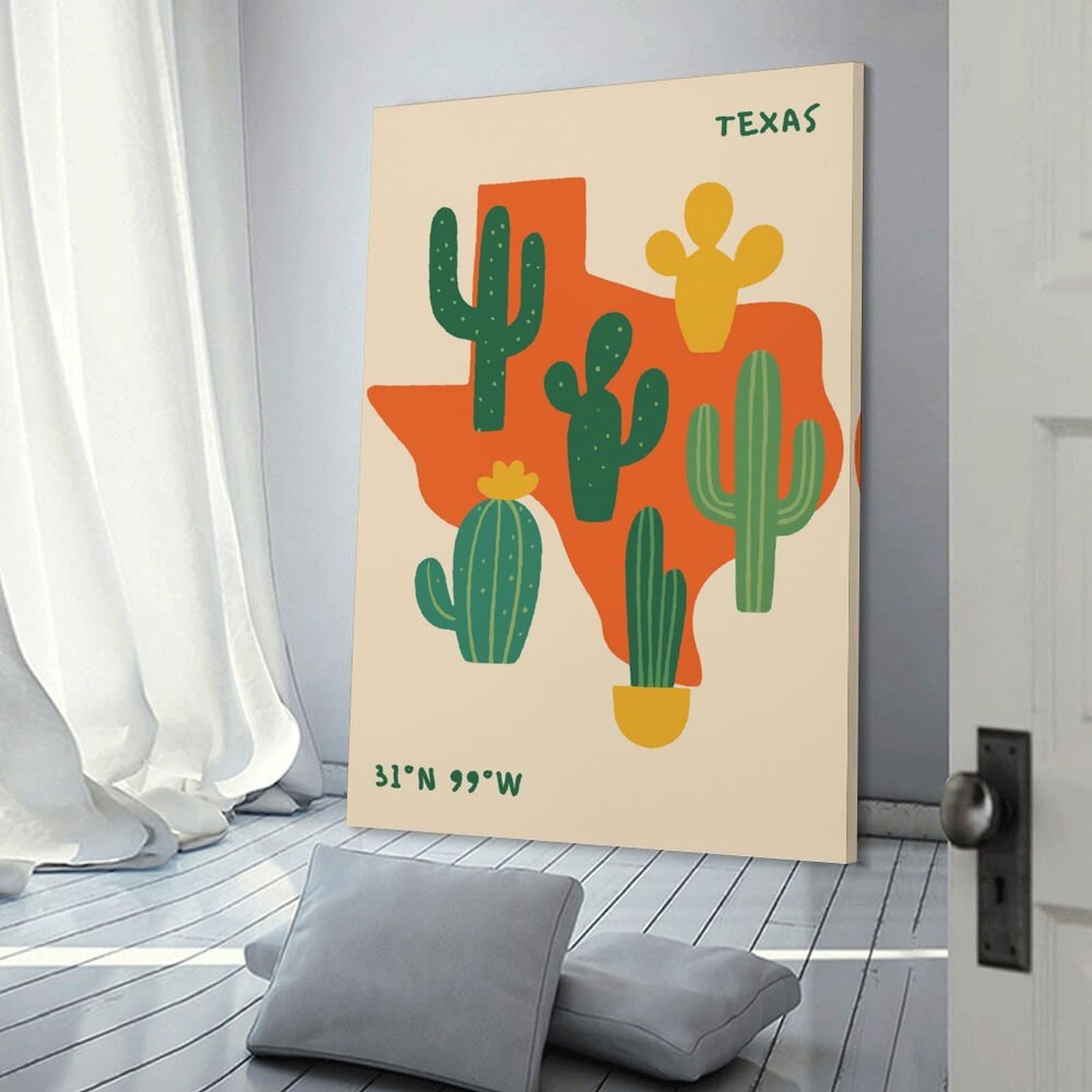 Junmoney Texas Map with Cacti Illustration Canvas Wall Picture, 20x30inch(50x75cm), for Sofa Walls, Lounge Or Home Corners, Modern Wall Decor for Cosy Interiors
