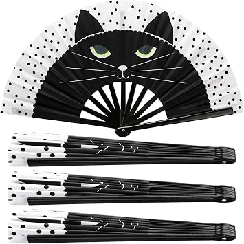 4 Pcs Cat Folding Hand Held Fans for Women Black Cartoon Cat Hand Fans Chinese Japanese Vintage Retro Style for Wedding, Dancing, Church, Party, Gifts