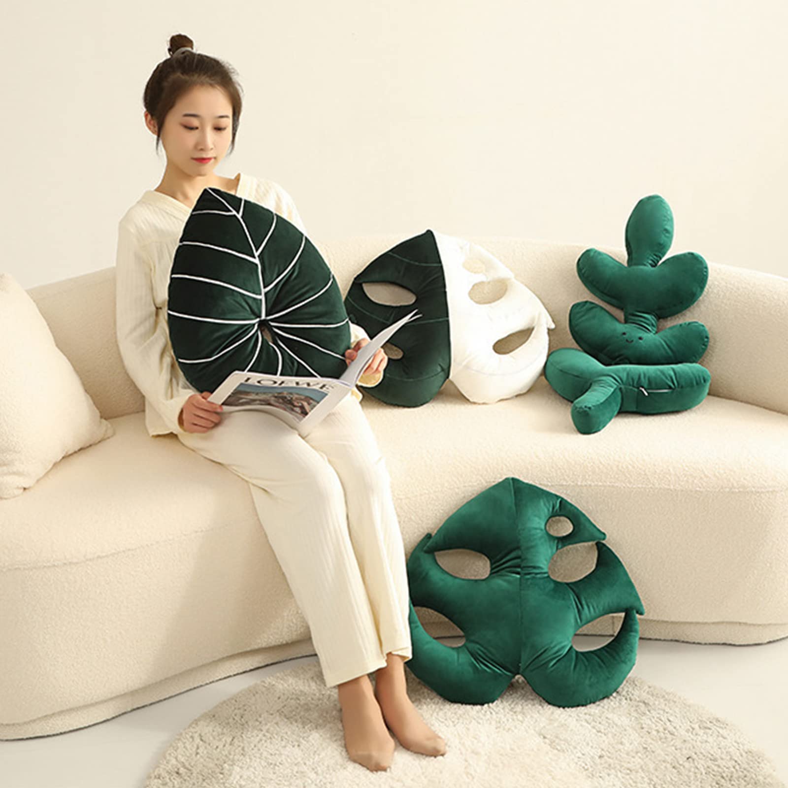 Cuscino Decorativo A Forma Di Foglia 3D 50x50 Cm | Morbido Peluche Verde Per Divano E Letto | Cuscino Schienale Originale