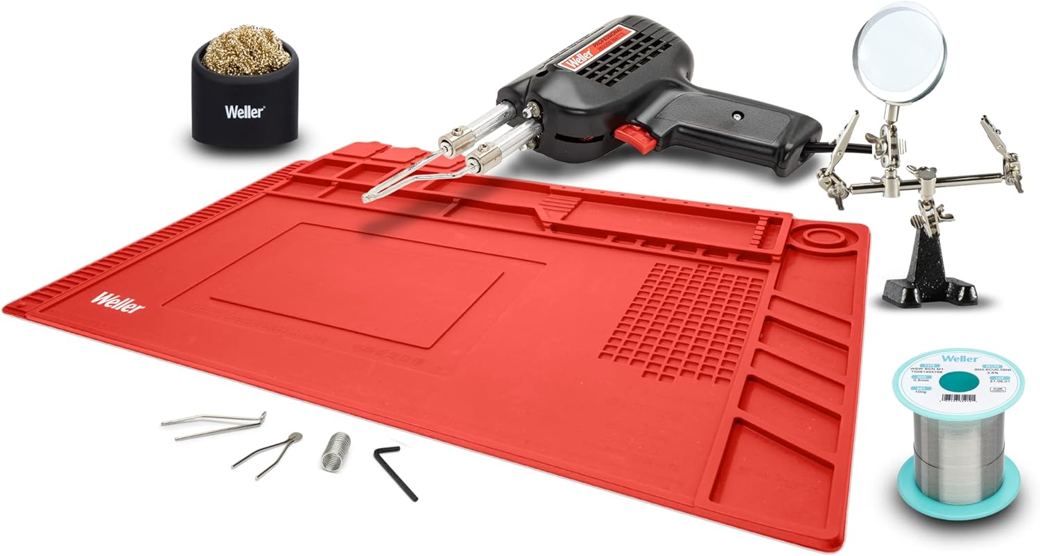 Weller 260-Watt Professional Soldering Gun Kit with 0.5 mm Solder Wire, Magnified Helping Hands, Brass Sponge Tip Cleaner, & Silicon Soldering Mat