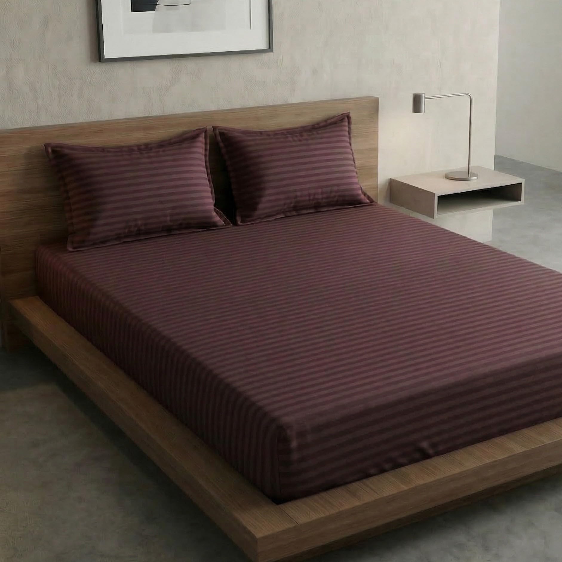 Home Sizzler 300TC Cotton Brown Satin Striped Elastic Fitted Double Bedsheet with 2 King Size Pillow Covers, Fit for Mattress: 72"X75" & 72"X78"-image-6