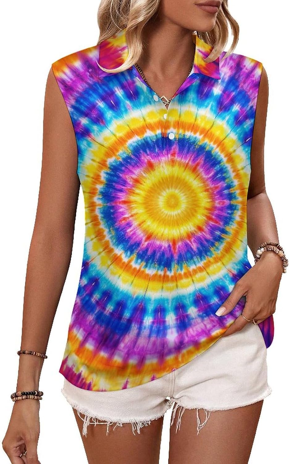 KIDVOVOU Women's Sleeveless Golf Shirt Colorful Tie Dye Print Collared V Neck Quick Dry Workout Tennis Polo Tops