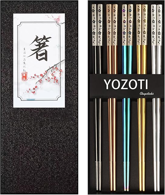 YOZOTI Stainless Steel Chopsticks, Reusable Chopsticks, 5 Pairs Dishwasher Safe Metal Chopsticks, Easy to Use, Square Lightweight Chop Sticks