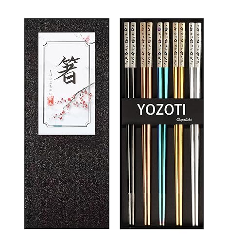 YOZOTI Stainless Steel Chopsticks, Reusable Chopsticks, 5 Pairs Dishwasher Safe Metal Chopsticks, Easy to Use, Square Lightweight Chop Sticks, Gift Set (Multicolor) - Multicolor