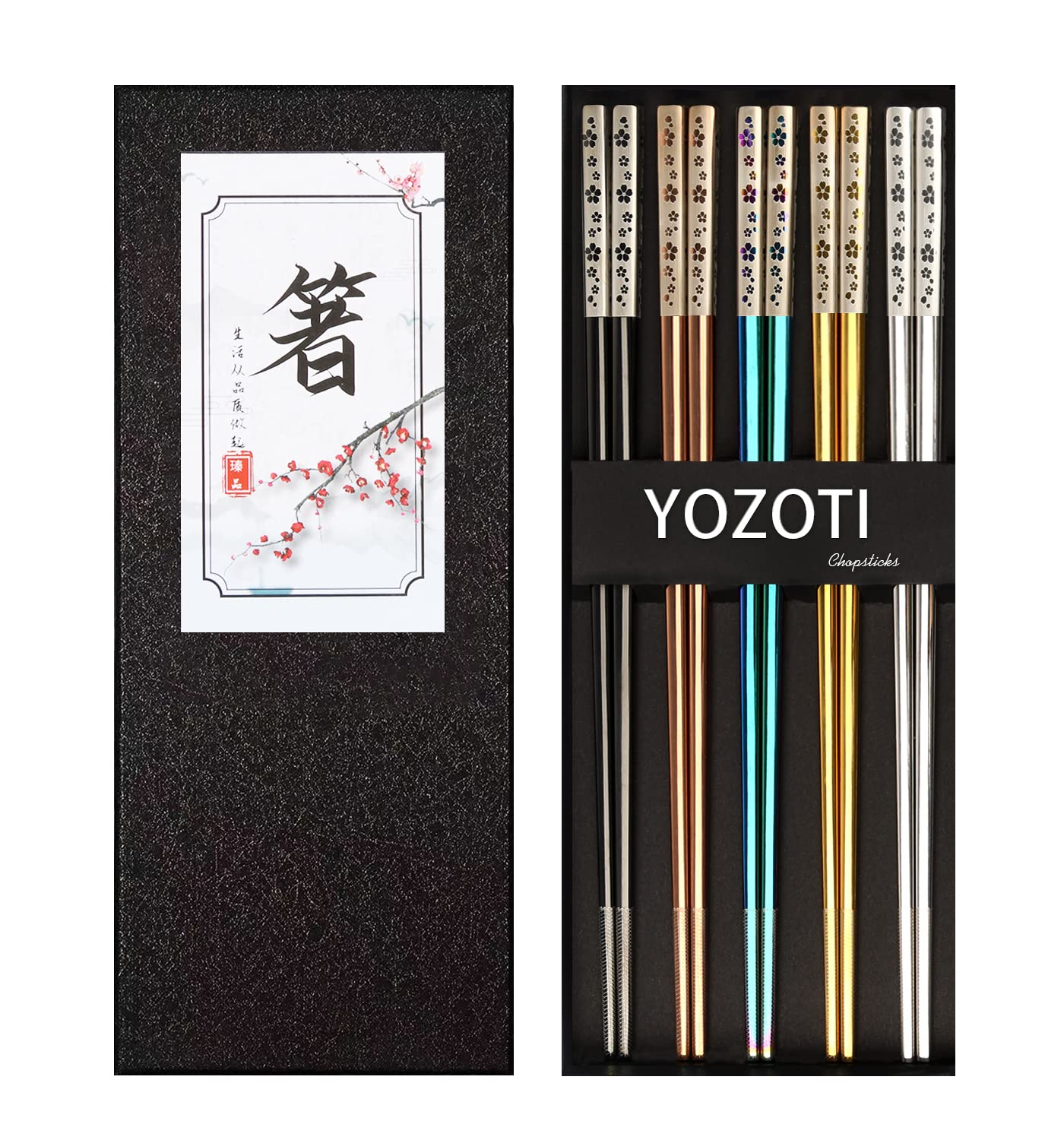 YOZOTIStainless Steel Chopsticks, Reusable Chopsticks, 5 Pairs Dishwasher Safe Metal Chopsticks, Easy to Use, Square Lightweight Chop Sticks
