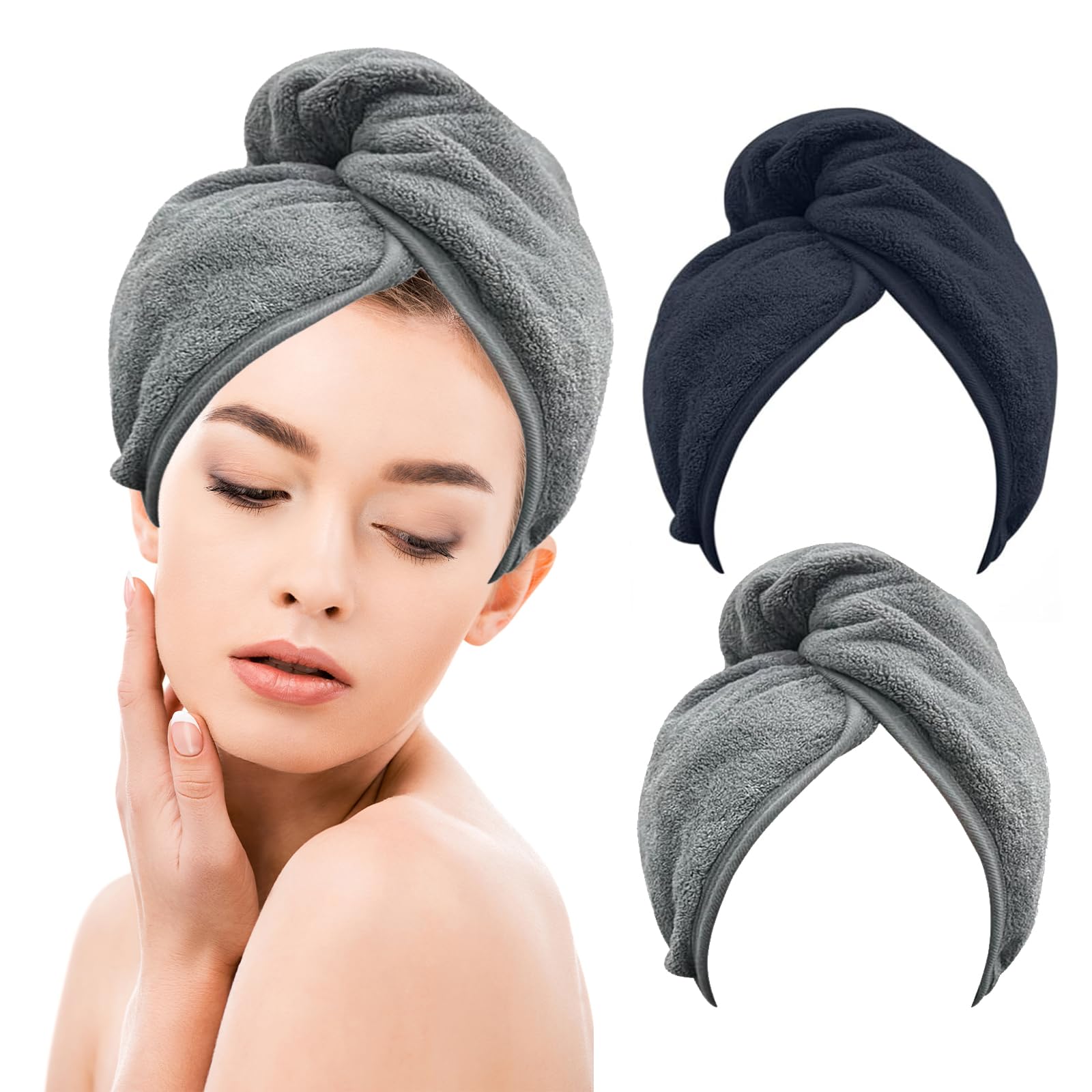 2 Asciugamani Turbante Microfibra - Super Assorbenti, 25x65 Cm, Con Bottoni, Bianco E Rosa Chiaro - Foto 6