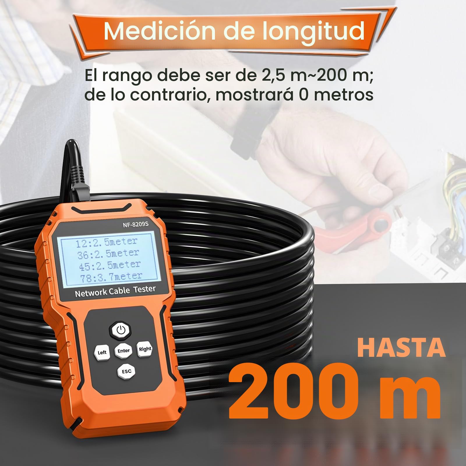 NF-8209S - Probador de cables de red RJ11, RJ45, CAT5, CAT6, LAN, prueba de cortocircuito y estado de interrupción transversal con POE, medición de longitud