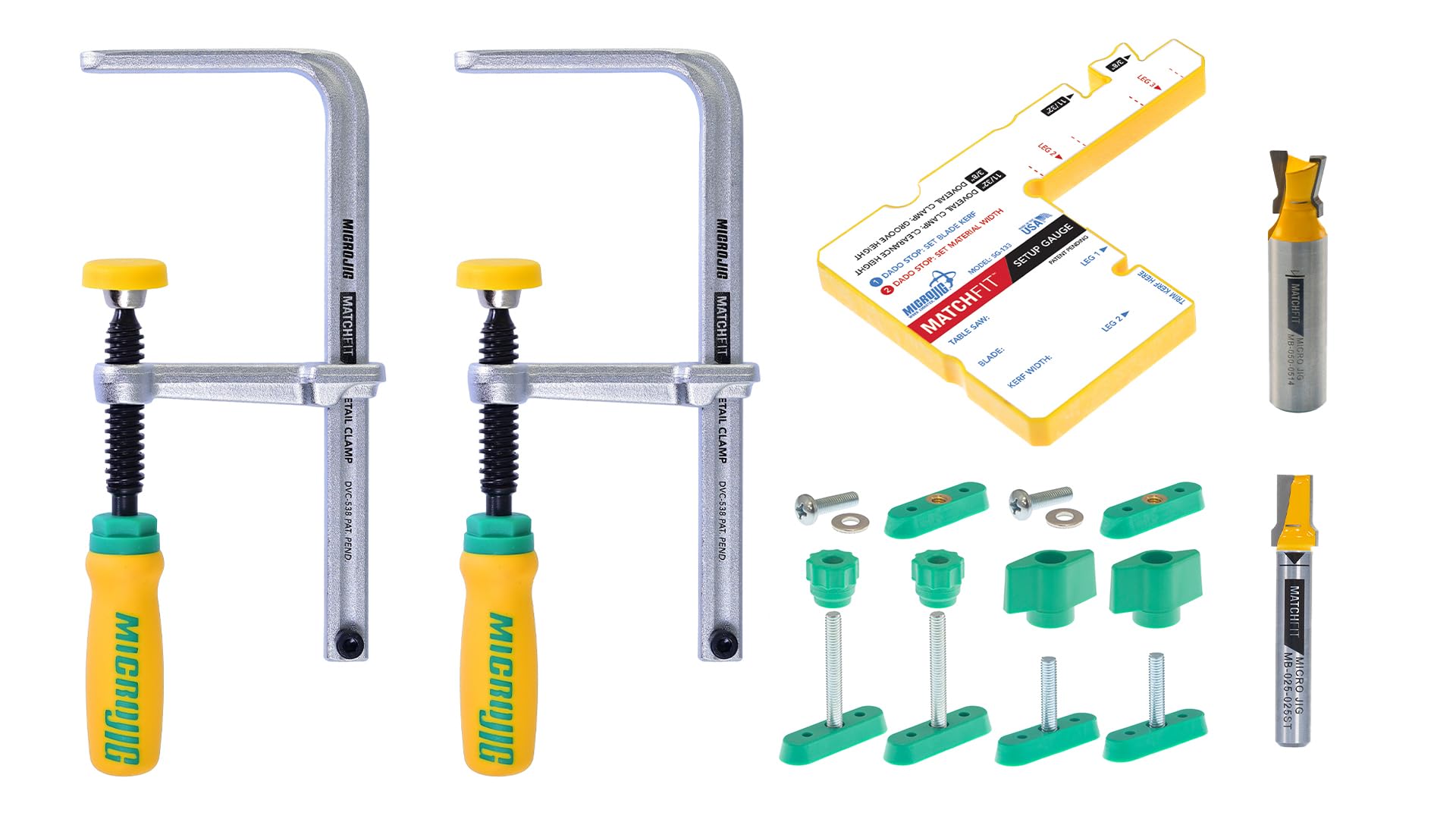 MICROJIG Matchfit Dovetail Clamp Pro Kit & Relief Bit Bundle - (1/4" Shank), Precision Woodworking Track System & Dovetail Routing Tools for Smooth, Clean Cuts, DVC-1177K2+MB-025-025ST