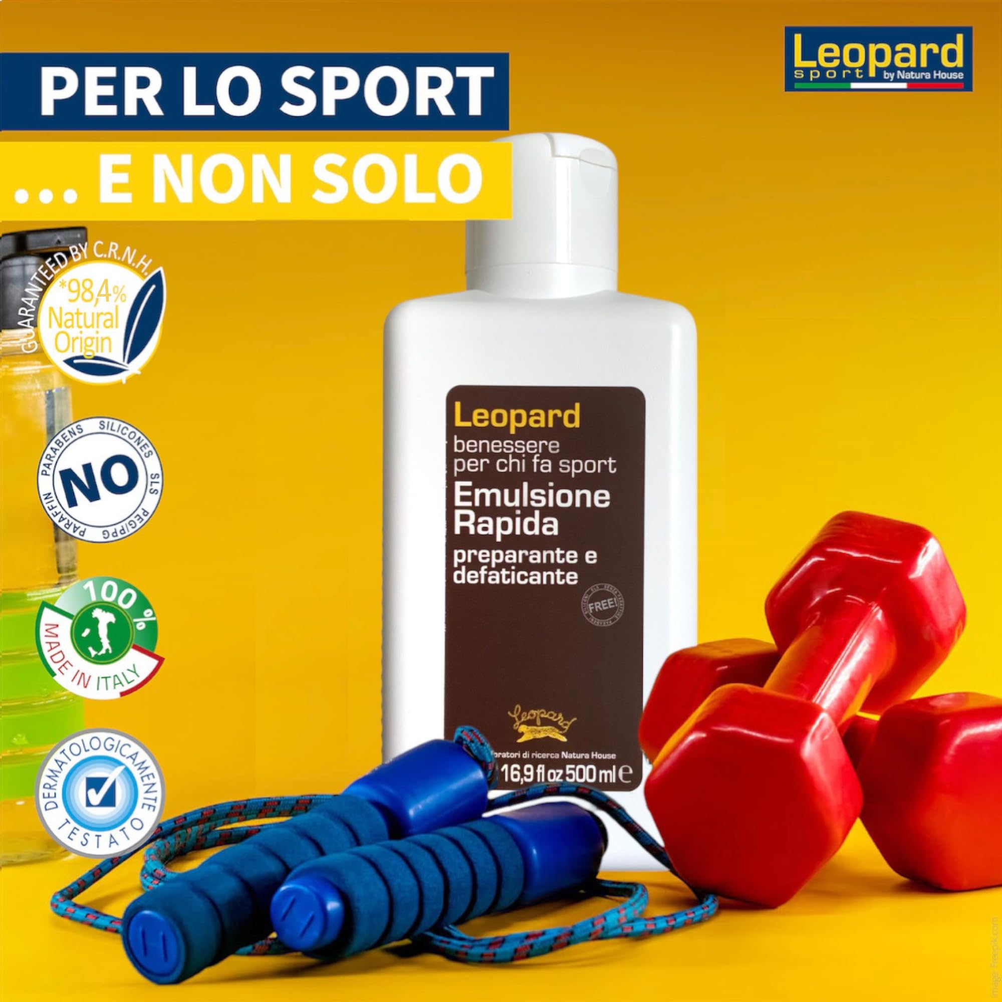LEOPARD SPORT Emulsione Rapida Massaggio Pre e Post Attività, Crema Defaticante Gambe Sport, Crema Riscaldante Muscoli Sportiva con Arnica e Oli Essenziali, 500ml, 98,4% Naturale