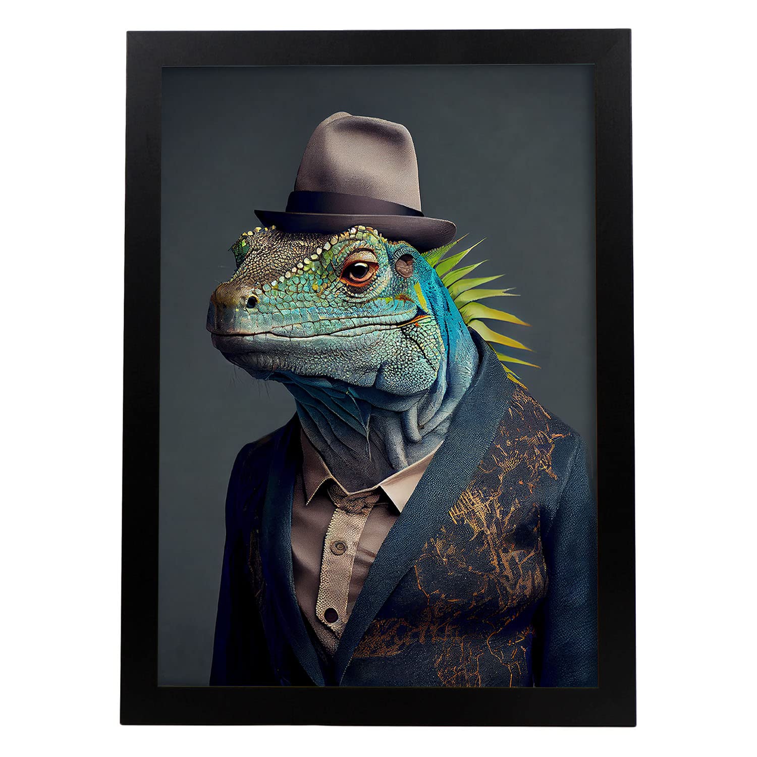 Nacnic Poster de Iguana en estilo de Fotografía a Todo Color. Divertidas ilustraciones realistas de animales con ropa humana. Interiorismo y Decoración. A3 Marcos Negros.