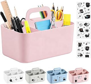 Cesto organizador com alça, cesta de armazenamento de plástico com 5 compartimentos, organizador de secretária com 3 autocolante caixa de secretária empilhável para maquilhagem, secretária, casa de