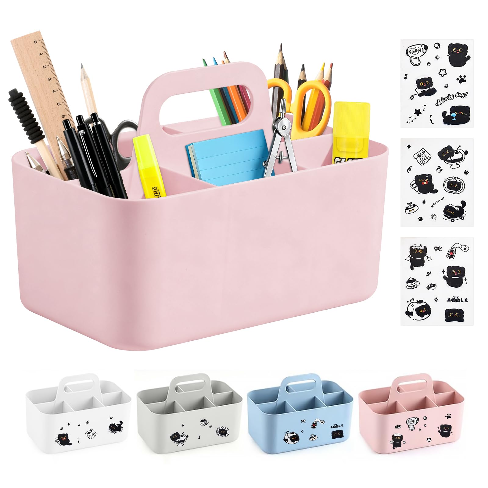 Caddy Organizer with Handle, 5 Slots Multipurpose Storage Caddy with 3 Cat Stickers, Stackable Storage Baskets Pen Art Storage Organiser for Bathroom, Office, Kitchen Cleaning (Pink, 25×15.4×17cm)