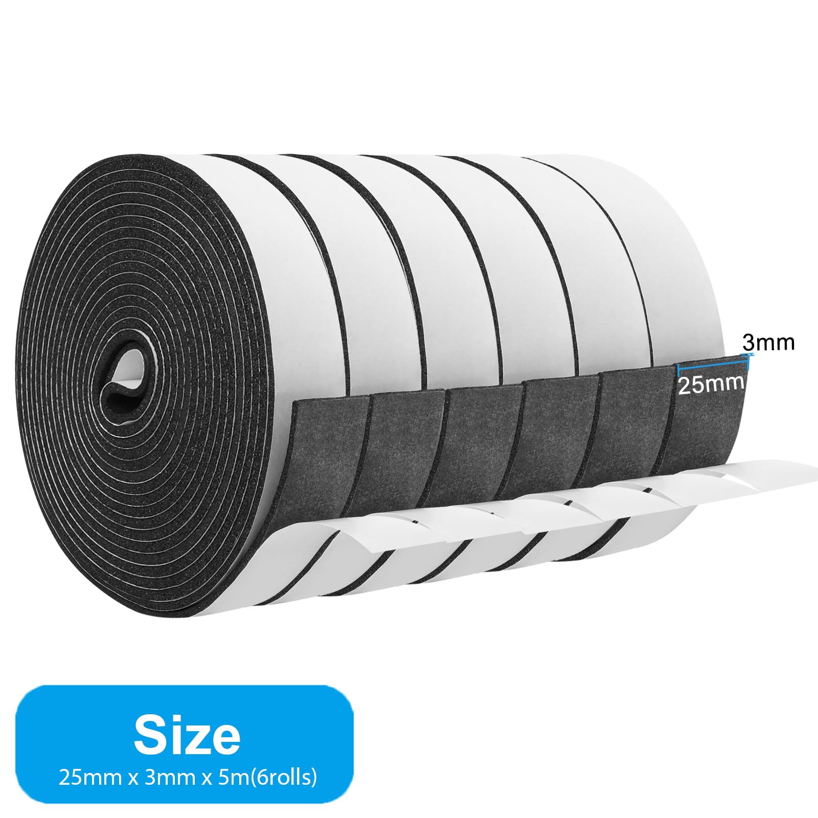 Cinta de espuma, tira de espuma autoadhesiva de 25 mm de ancho x 3 mm de grosor x 5 m de largo, burlete climatológico, tira de sellado de puerta, excludor de corrientes de aire para ventanas y
