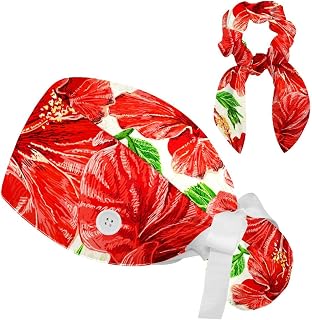FVQL 2 Pieces Surgical Cap for Long Hair Scrub Cap with Hairband Nurse Cap, Flower Hibiscus Pattern
