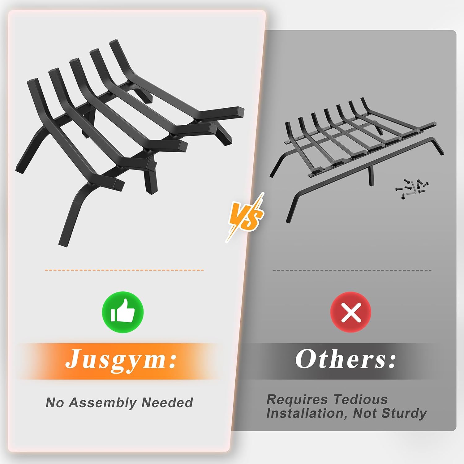 Jusgym Fireplace Grate 17 Inch, Solid Steel Heavy Duty Fireplace Log Holder with 6 Support Legs, Fireplace Log Grate for Indoor Fireplace & Outdoor In-ground Firepit