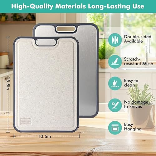 Miniatura 4 de UR CHOICE Tabla de cortar de titanio puro de 15.15 x 10.4 pulgadas, tabla de cortar reversible ligera con ranura para jugo, área de molienda de ajo,