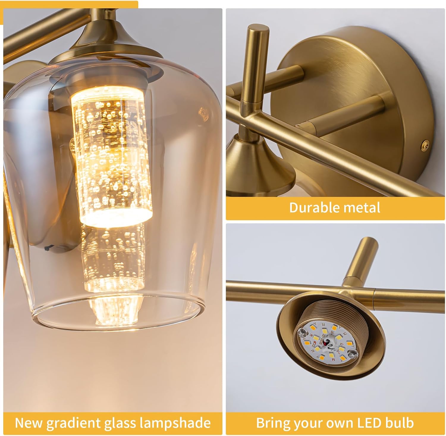 3-Light LED Bathroom Vanity Light Fixtures, 2700K–4500K Color Temperature Adjustment，Suitable for Bathroom Mirrors, Living Rooms, Hallways (Amber Gradient​)