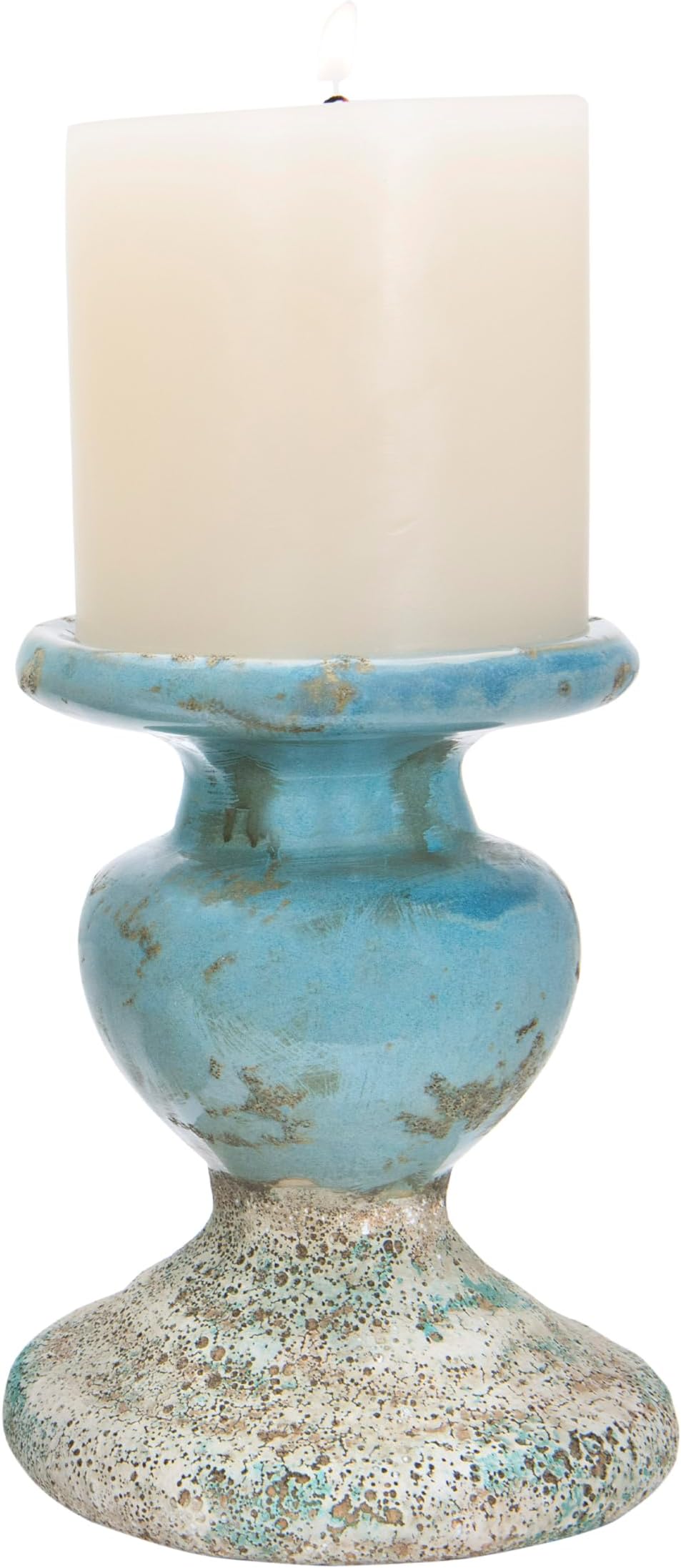 Large Distressed Blue Terracotta Pillar Candle Holder