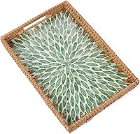Vista 12 de Rectangle Rattan Tray with Mother of Pearl Inlay, Rattan Serving Tray with Handle for Coffee, Bread, Fruits, Snacks, Decorative Wicker Tray for