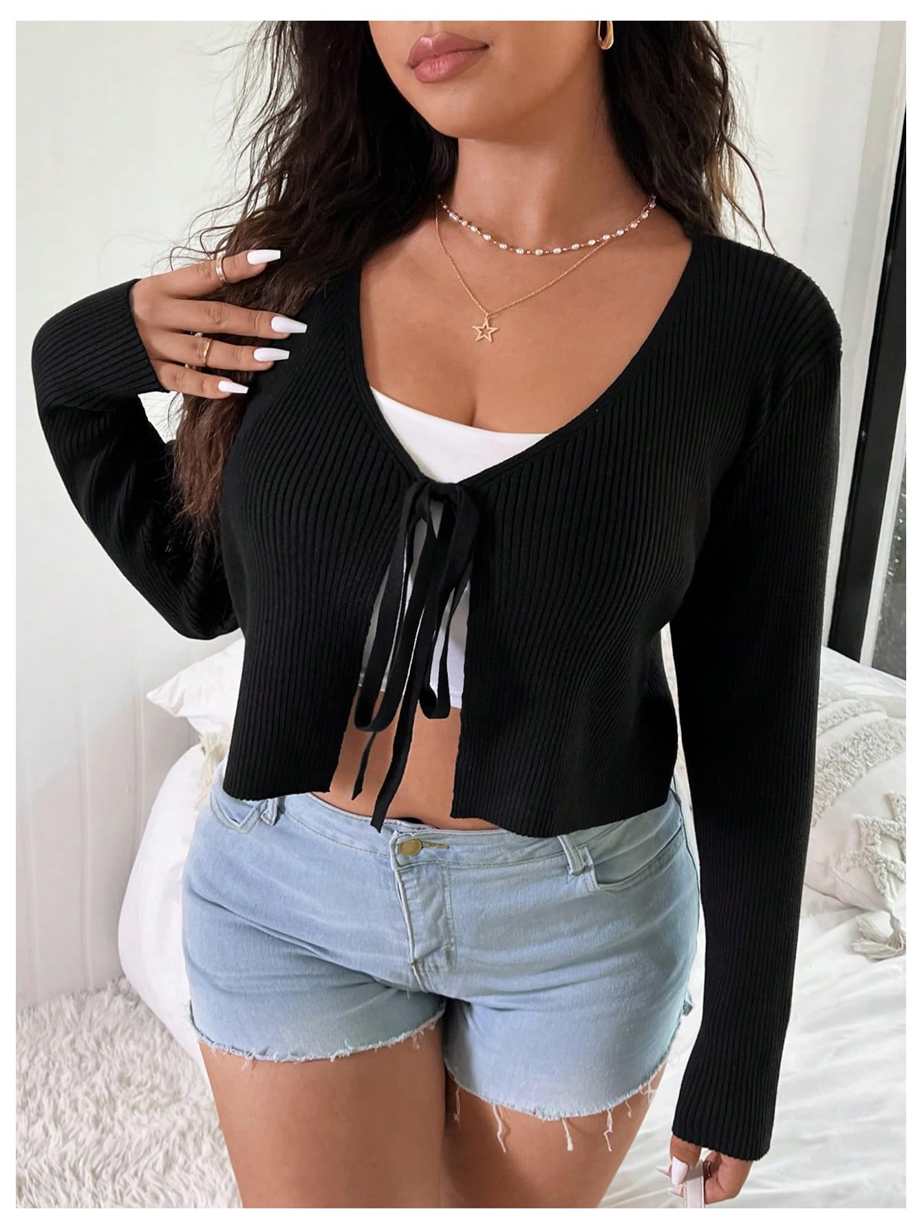 Floerns Women's Tie Front Long Sleeve Rib Knit Shrug Sweaters Cardigan Crop Top