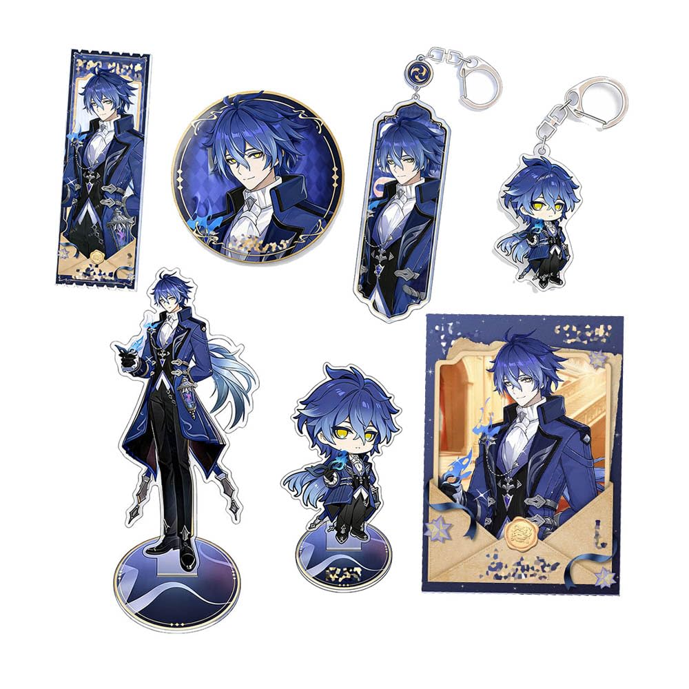 JUSONGKWCP Flins Figure Merch 7 Pieces | Genshens Flins Keychain Badge Acryl Stand | Cool Desk Decorations Set