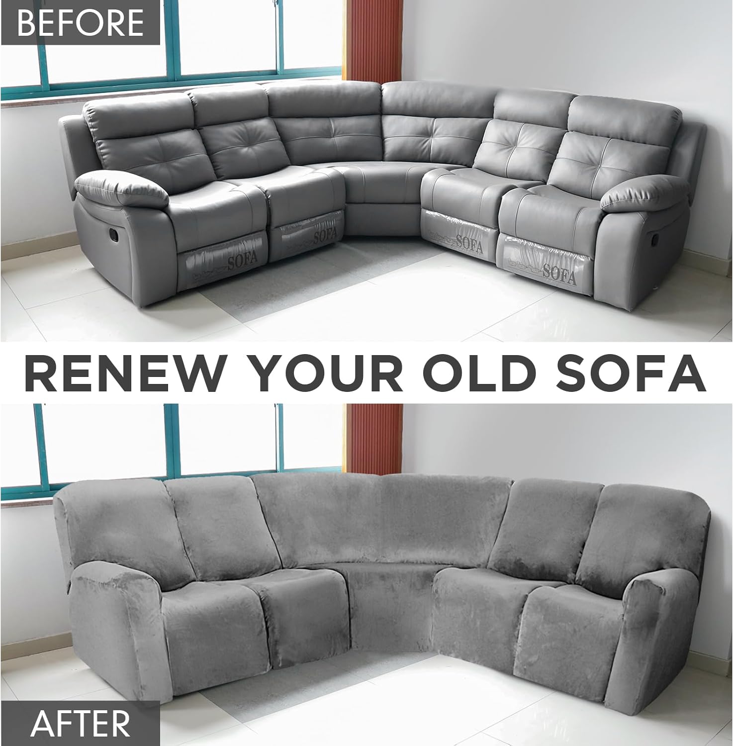 Peryiter 7 Pcs L Shape Sectional Recliner Sofa Covers 5 Seat Sectional Couch Covers Milk Silk Velvet Stretch Reclining Sofa Slipcover Furniture Protector for Living Room(Dark Gray,Velvet)