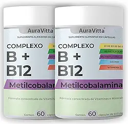 Complexo B Concentrado – B1, B2, B3, B5, B6, B7, B9 (Metilfolato), B12 (Metilcobalamina) + Vitamina C e Cromo - AuraVitta Suplemento Alimentar Concentrado de Vitaminas e Minerais 120 Cápsulas