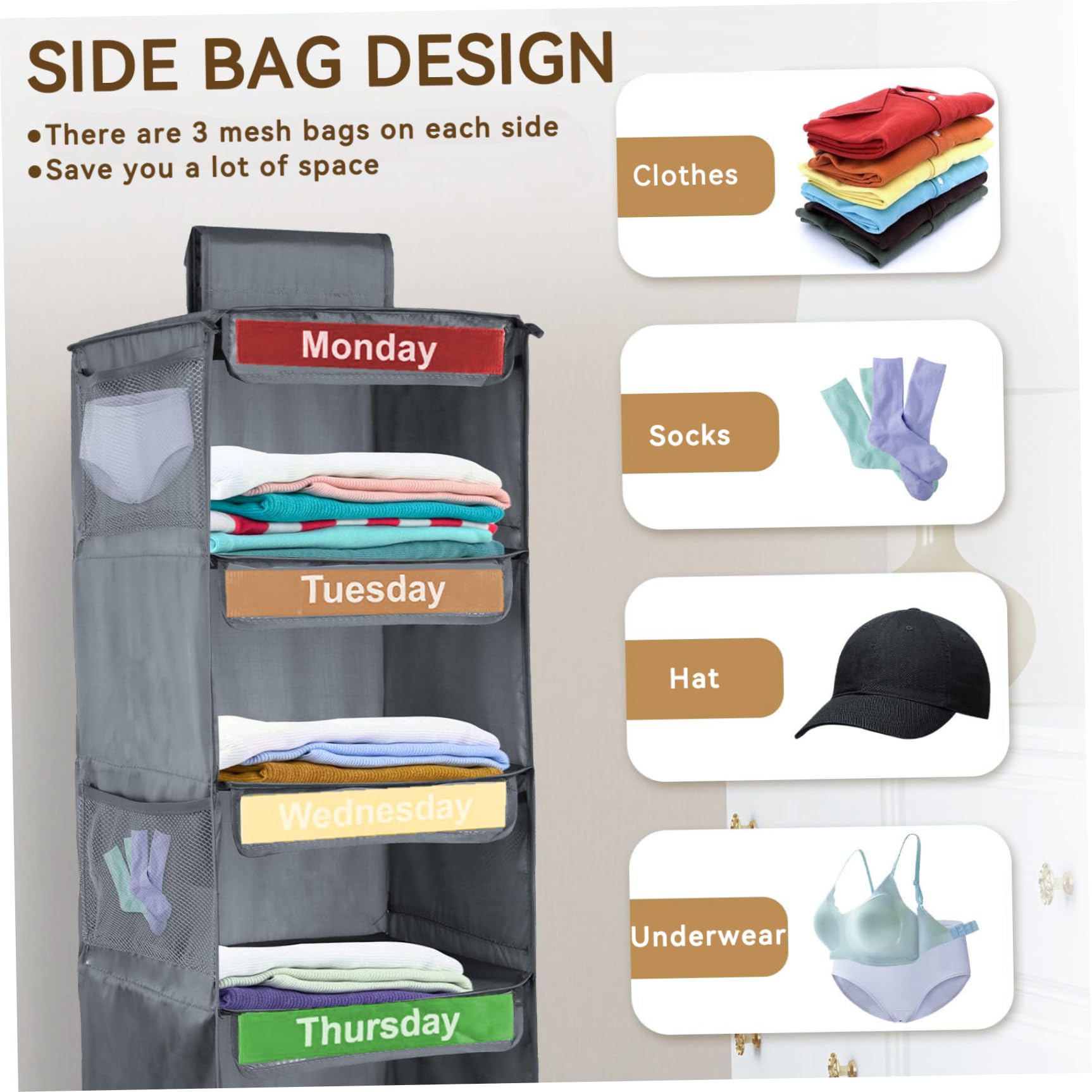 Organisateur De Vêtements Hebdomadaire 5 étages - 39x12 Pouces, étiquettes Incluses | Pour Enfants, école, Maison | Poches Latérales, Charge 30 Lbs