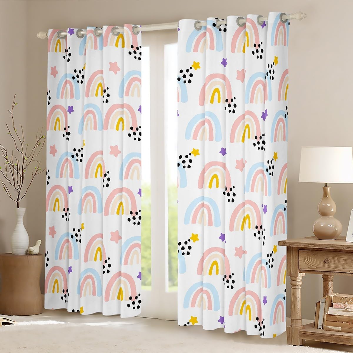 Feelyou Rainbow Curtains for Bedroom Living Room (2 Panels, 38 x 45 Inch) Colorful Stripes Room Darkening Blackout Curtain Multicolor Window Drapes Cartoon Rainbow Window Treatments Stared image 2